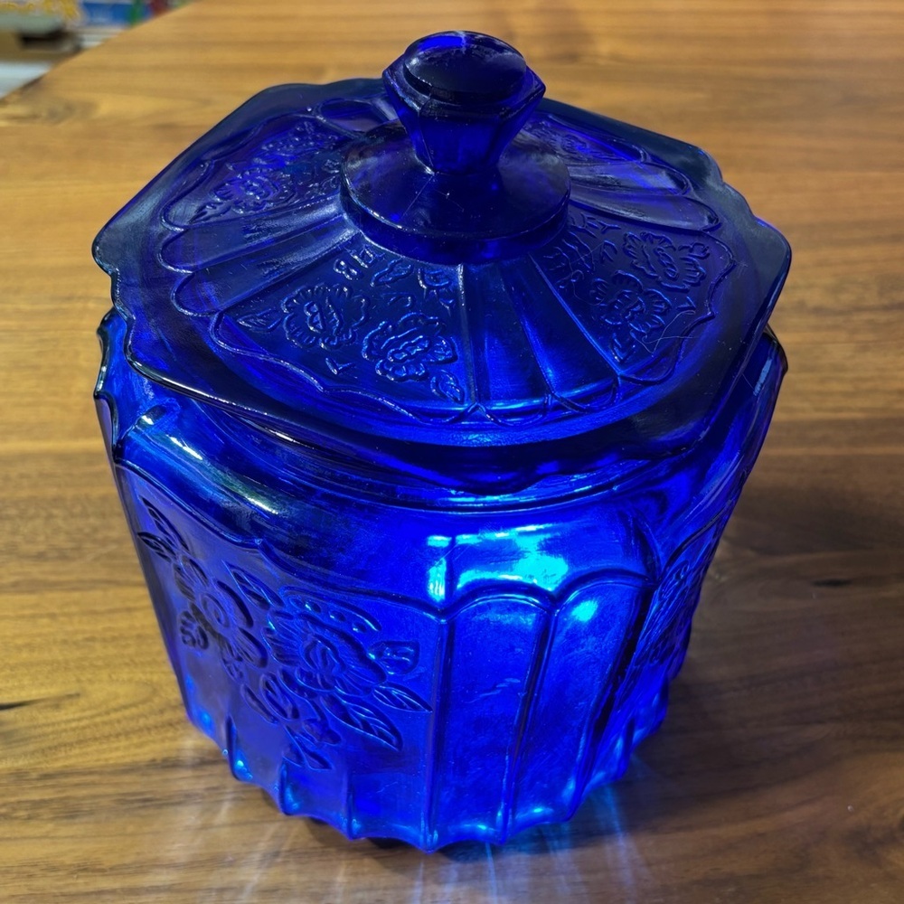 Vintage cobalt glass Mayfair / Open Rose cookie jar with lid, reproduction